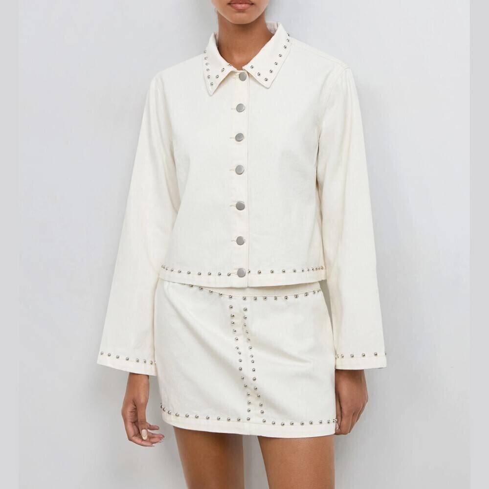 Ivory Silver Studded Denim Button Collared Jacket and Mini Skirt Set